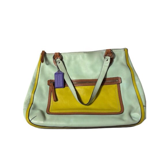 Coach Hallie Colorblock Tote Bag Aqua Blue Lime Green J1294-22430, Travel Work - Picture 1 of 6
